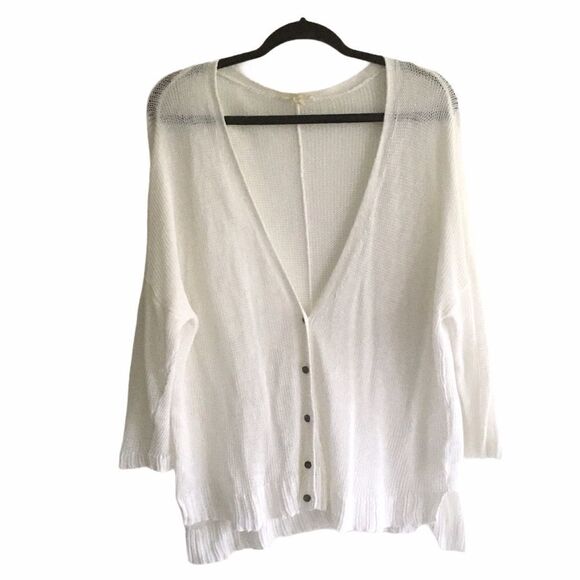 EILEEN FISHER Linen Knit V-Neck Button Front Cardigan Sweater White L - Picture 1 of 12